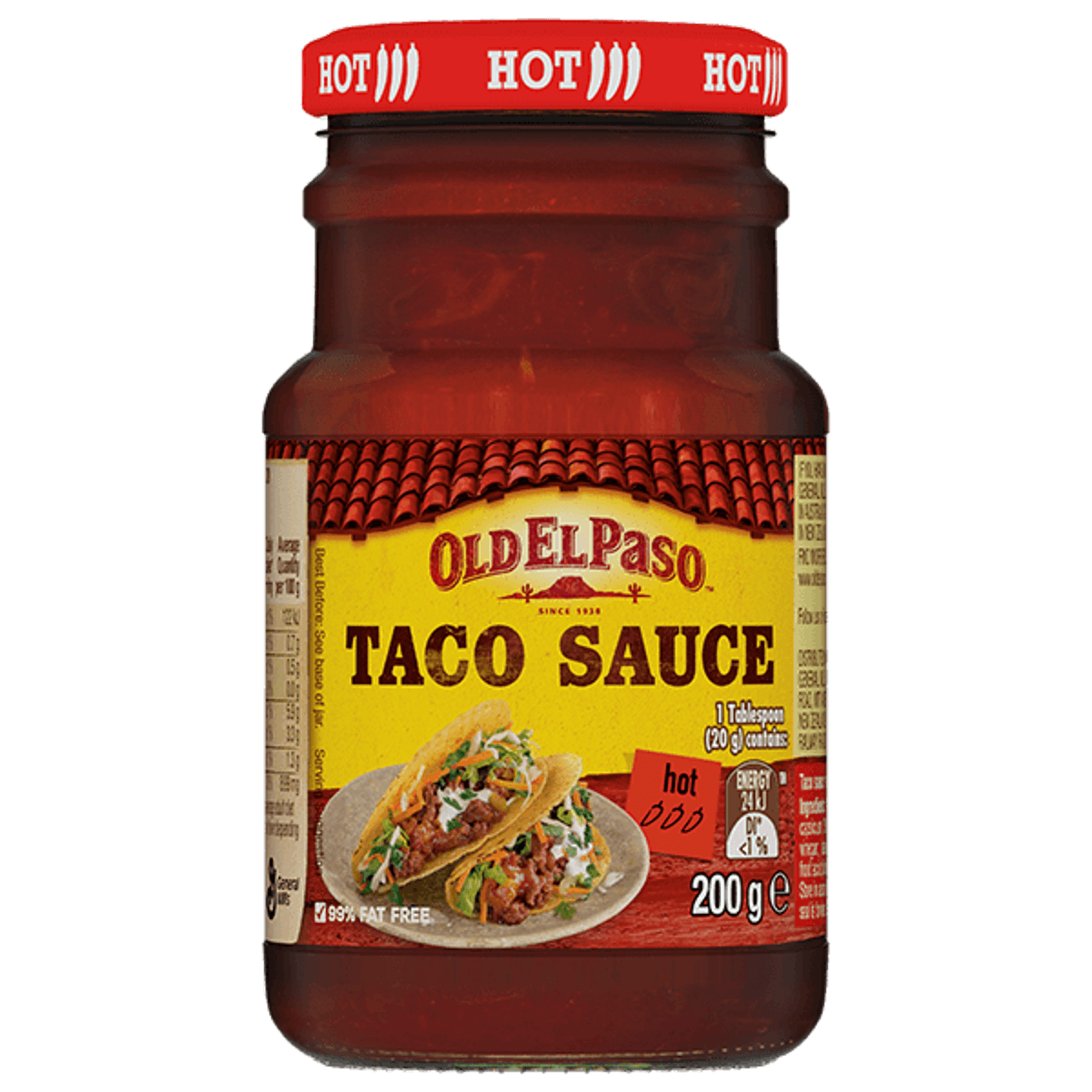a glass jar of Old El Paso's hot taco sauce (200g)